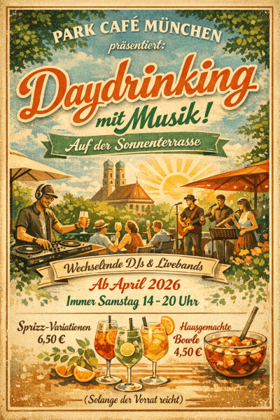 Plakat mit "Daydrinking mit Musik auf der Sonnenterrasse" - Personen auf Terrasse, DJ, verschiedene Aktionen.